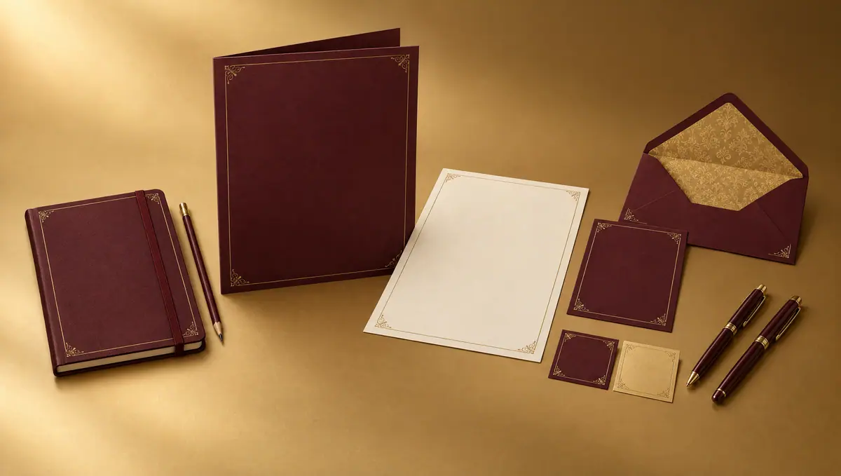 Papeterie bordeaux et or&nbsp;: carnet, chemise, papier à lettres, enveloppe et stylos